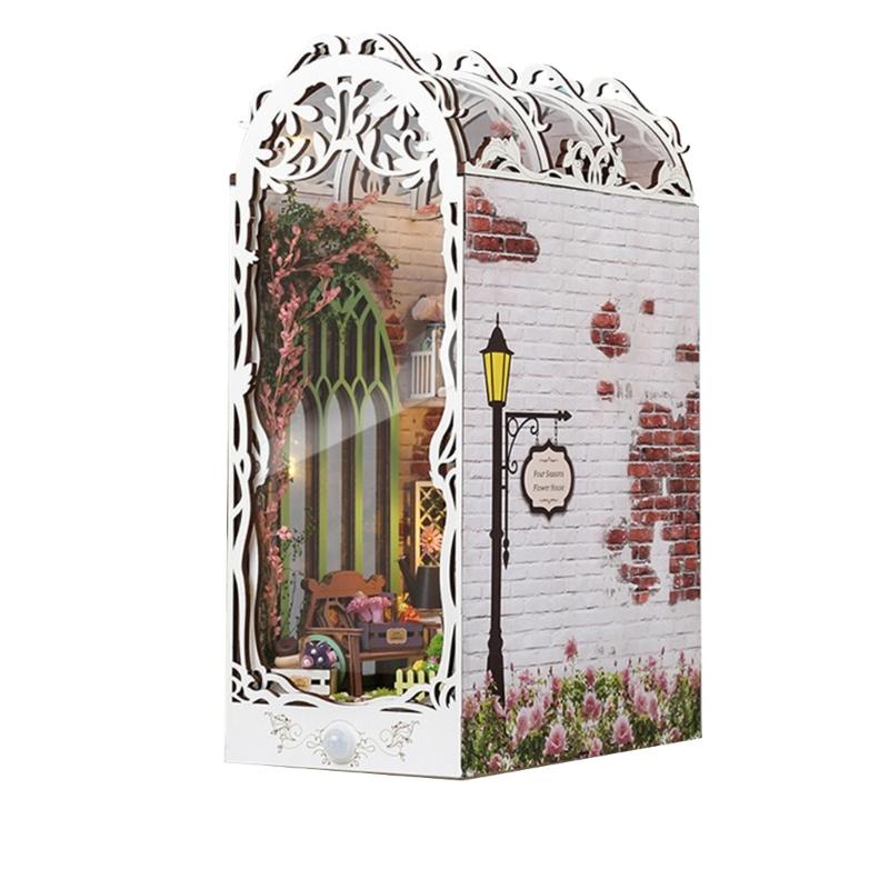 

Wood Bookshelf Insert Garden Model Dollhouse with Sensor light Unique Craft Build Your Own Garden Model Craft 1