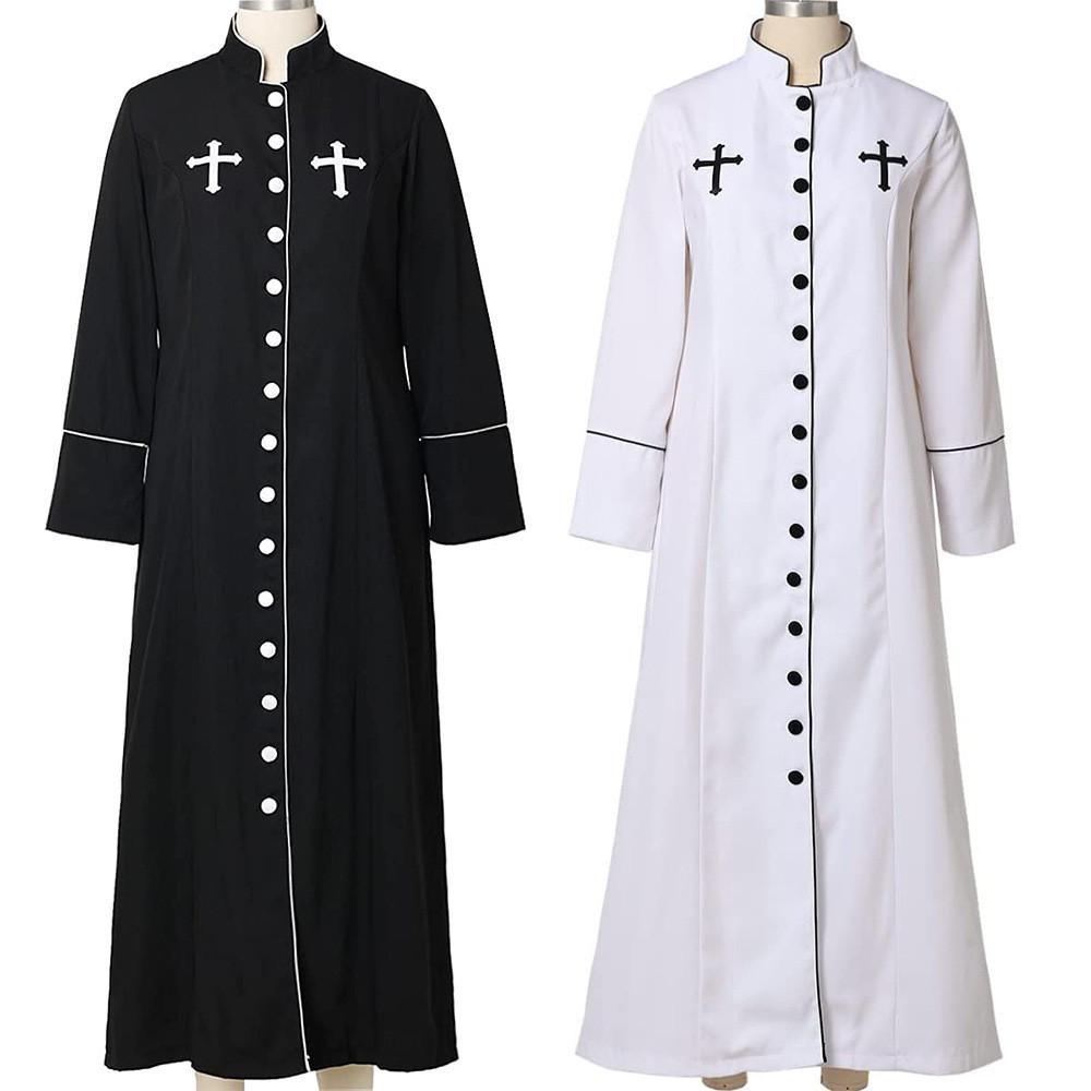 Women's Priest Robe With Stand Collar Roman Cassock Belt Street Style White/black Xs-5xl