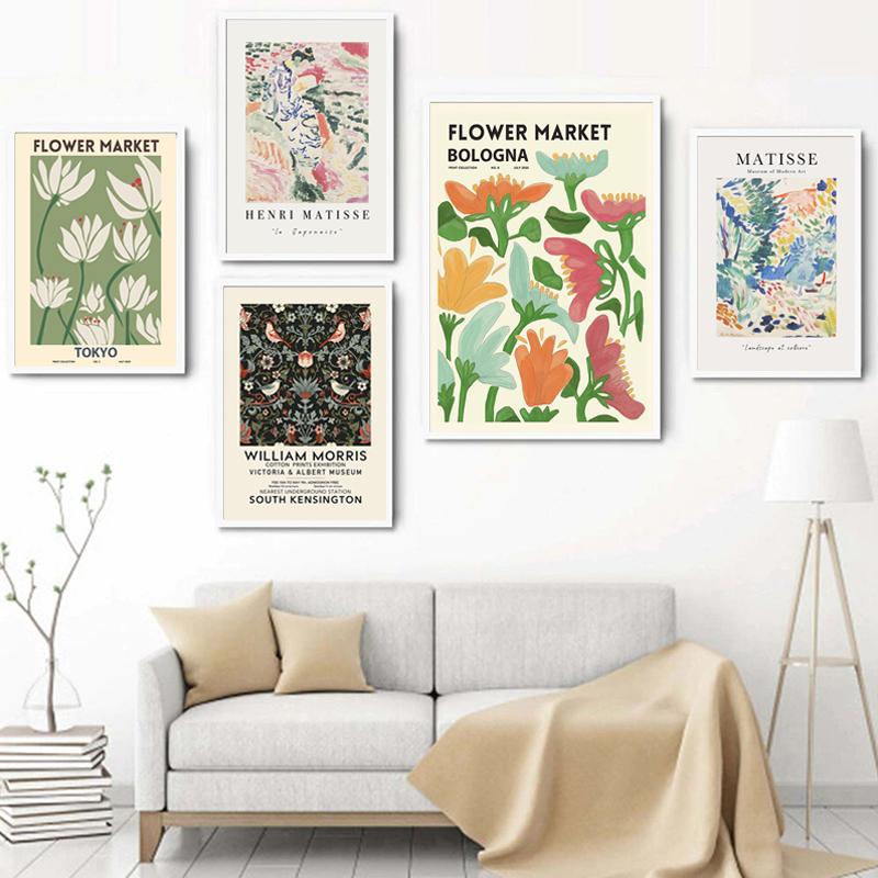 Abstrakt blomstermarknad Vintage Akvarell Väggkonst Canvasmålning Nordiska affischer och tryck Väggbilder för vardagsrumsinredning