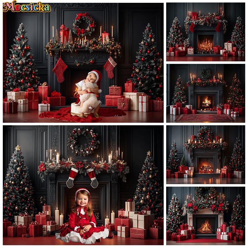 Mocsicka Christmas Backdrop Photography Fireplace Red Flower Gift Xmas Tree Photo Background For Shooting Home Decoration Studio