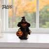 Detailed Resin Halloween Figure Witch Statue with Pumpkin, Cute in Pointed Hat & Black Robe, Gothic Desktop Ornament Tabletop Decor for Desk