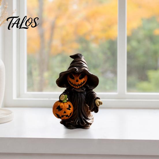 Detailed Resin Halloween Figure Witch Statue with Pumpkin, Cute in Pointed Hat & Black Robe, Gothic Desktop Ornament Tabletop Decor for Desk