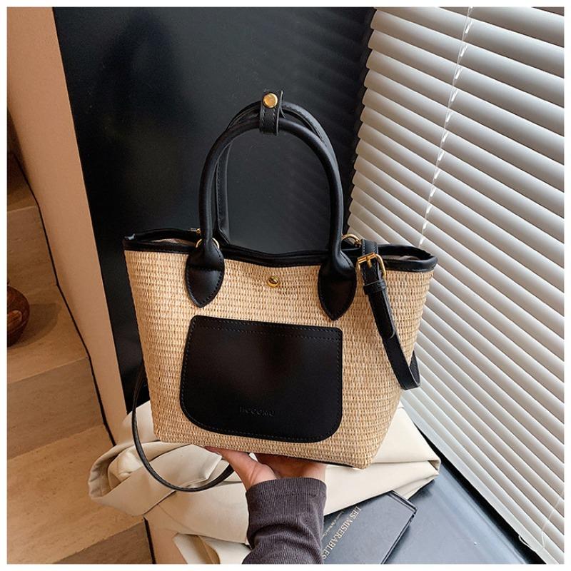 

Large capacity woven tote bag women s new fashion commuter shoulder bag seaside vacation straw bag чорний