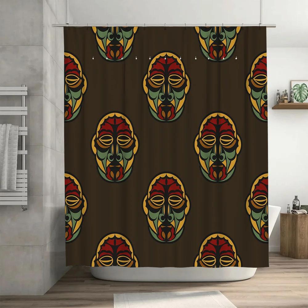 Vintage Tribal Mask Shower Curtain Waterproof Home Decor Bathroom Liner Dark Green Red Yellow Black Colorful Design 69x72 Inch