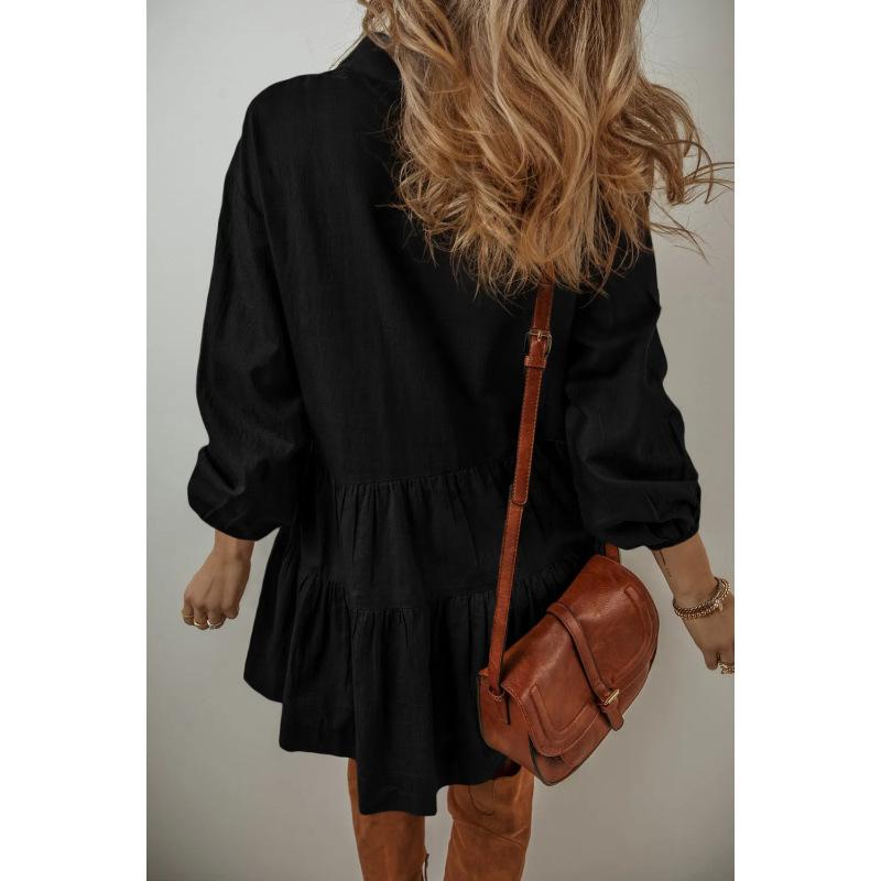 Women's Solid Color Long Sleeve Lapel Button Loose Short Dress