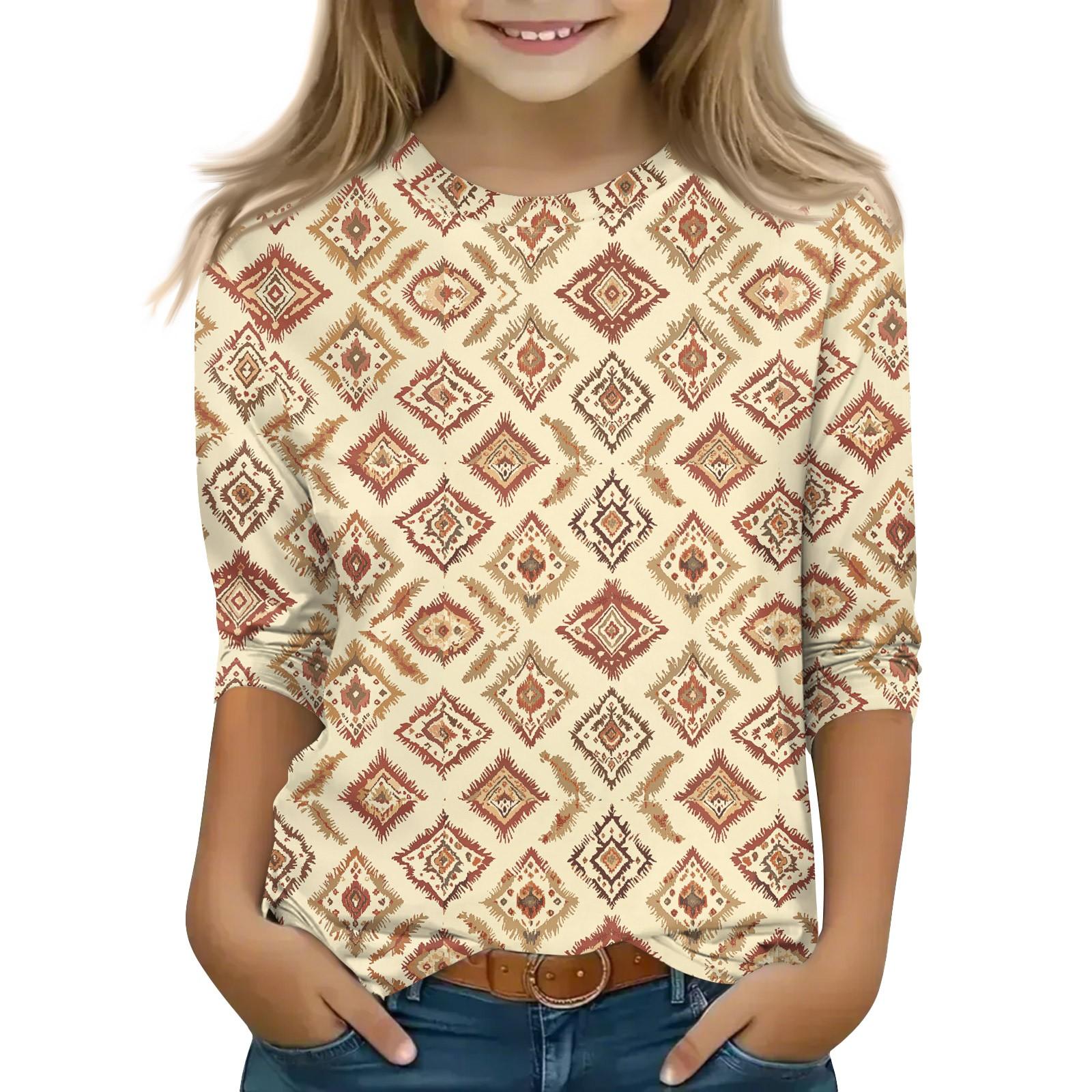 

Print Tops For Youth Girls 5-16 Years Round Neck 3/4 Sleeves T-Shirts Trendy Tops Outfit Tees 130
