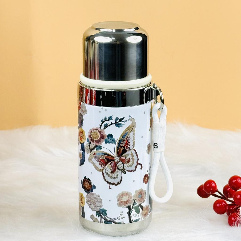 Water Bottle111 Stainless Steel Thermos Cup High Value Rose Peony Tea Water Cup with Lifting Rope Portable Large Capacity Cup