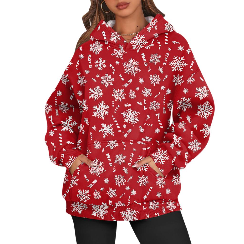Women's Fashion Long Sleeve Hooded Christmas Printed Top Sweatshirt