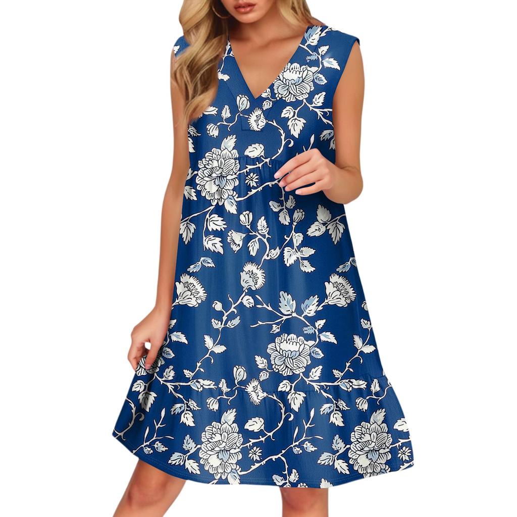 Women's Casual Fashion Breathable V-neck Vest With Pockets Floral Holiday Dress