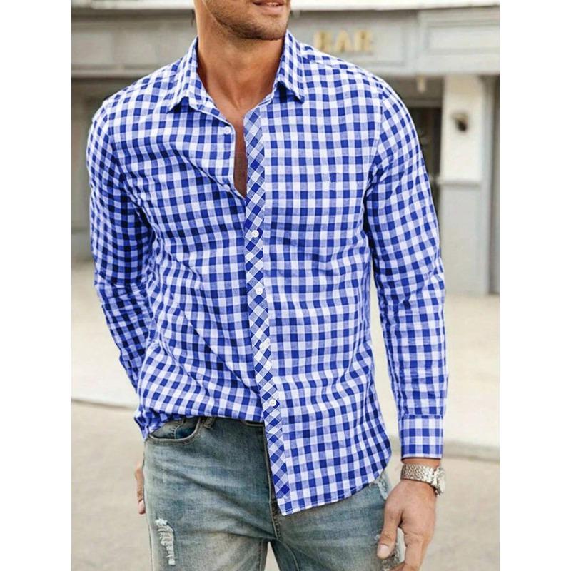 Men Casual 3d Digital Print Plaid Turn Down Collar Long Sleeve Breathable Shirt