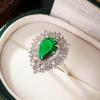 Luxury  Sterling Silver Droplet Pear Shaped Inlaid Zircon Emerald Rings for Women Banquet Engagement Party Fine  Gift