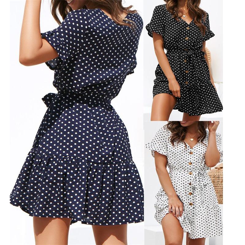 European Style Women Clothing Fashion Polka Dot Print Loose Fit Short Sleeve Maxi Dress