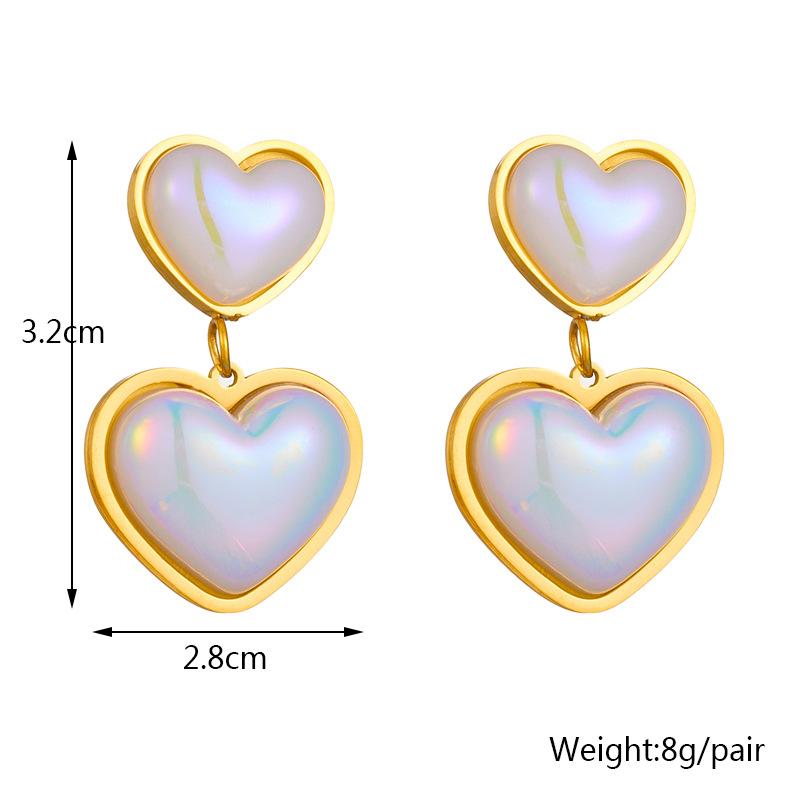 Gold Double Heart Drop Earrings with Iridescent Shell for Women