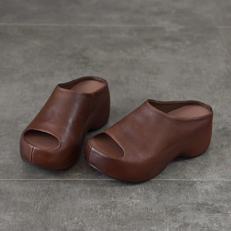 Johnature Genuine Leather Lightweight Thick Soled Peep Toe Slippers Versatile Wedge Heel Women's Slip-on Shoes