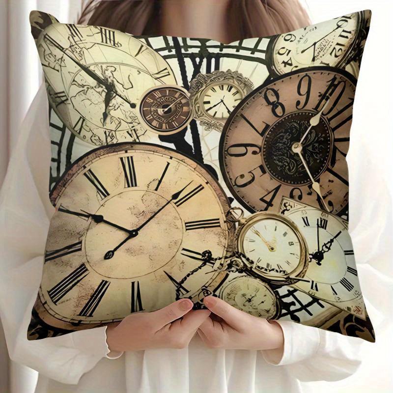 Double Sided Vintage Clock Design Soft Throw Pillow Cover For Bed Sofa And Chairs Home Decor Accent