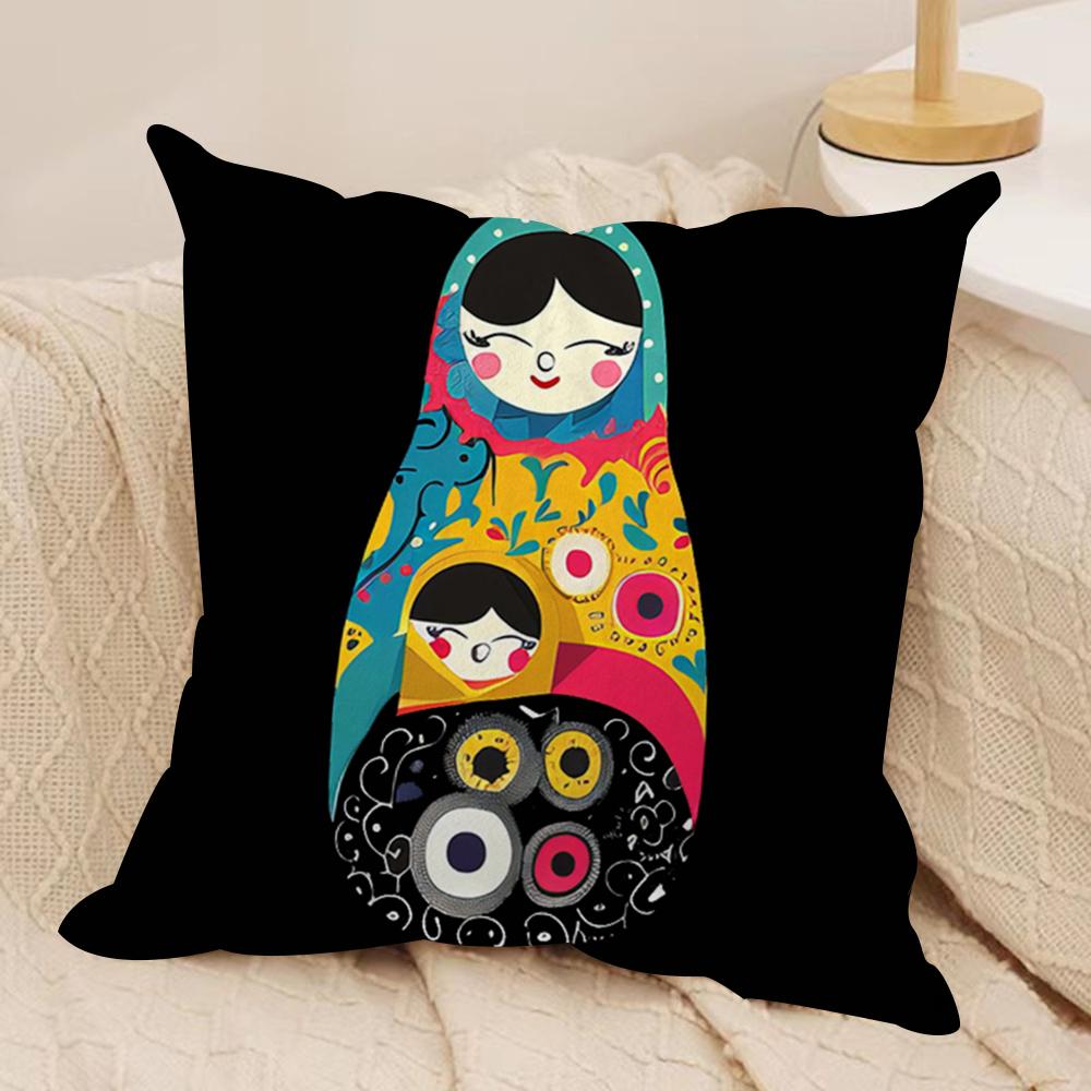 Matryoshka Doll Russia Cushion Cover Soft Plush Fabric Double-Sided Printed Sofa Cushion Cover for All Seasons Home Decor Gift