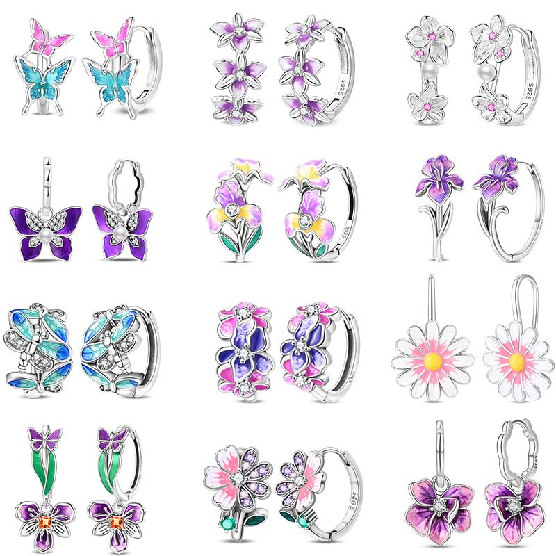 New 925 Silver Colorful Butterfly Dragonfly Iris Flower Earrings For Women Fashion Birthday Party Jewelry Gifts