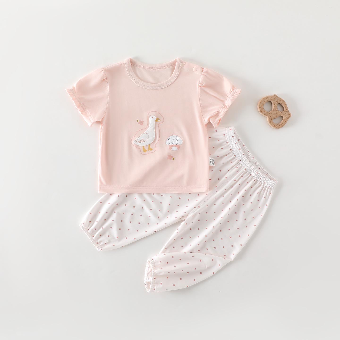 Children s Modal Summer Pajama Set: Short Sleeve Top & Long Pants 73 cm розовый