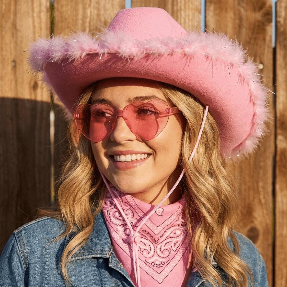 Fluffy Trim Bandana Heart-Shaped Glasses Pink Halloween Costume Accessories Set Cowboy Hat Women