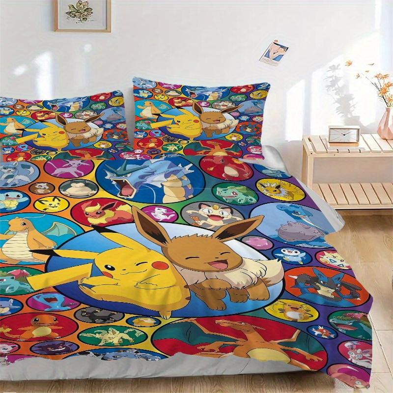 

3pcs Eevee Circular & Pokemon Pikachu Quilt Cover Set (1 Quilt Cover + 2 Pillowcases Without Pillow Core), High-Definition Printing for Home and 135x200cm