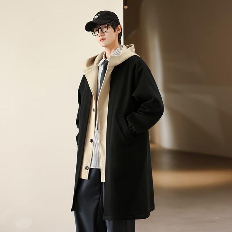 ROMON Men's Thickened Hooded Faux Two-Piece Mid-Length Trench Coat