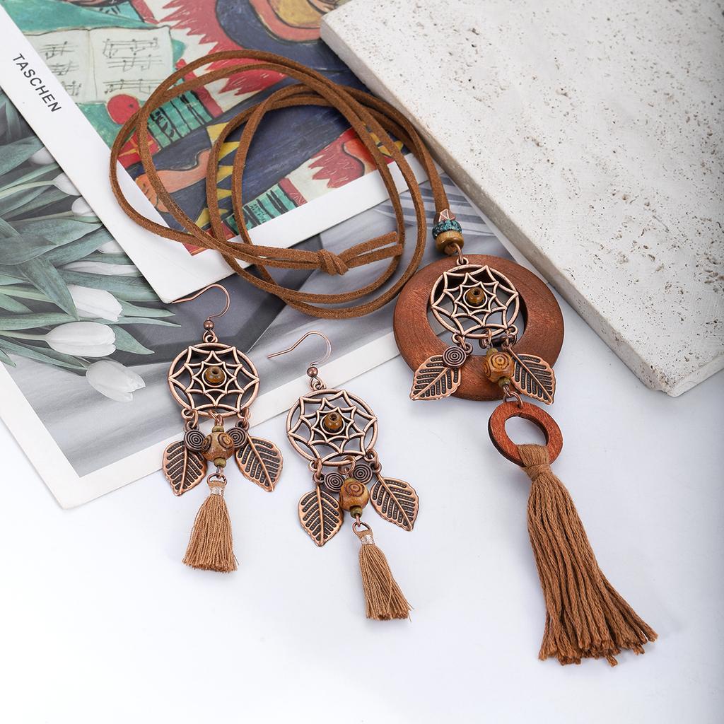 Antique Gold Dream Catcher Feather Earring Set for Women Boho Leaves Pendant Long Chain Tassel Wooden Necklaces Fashion Jewelry