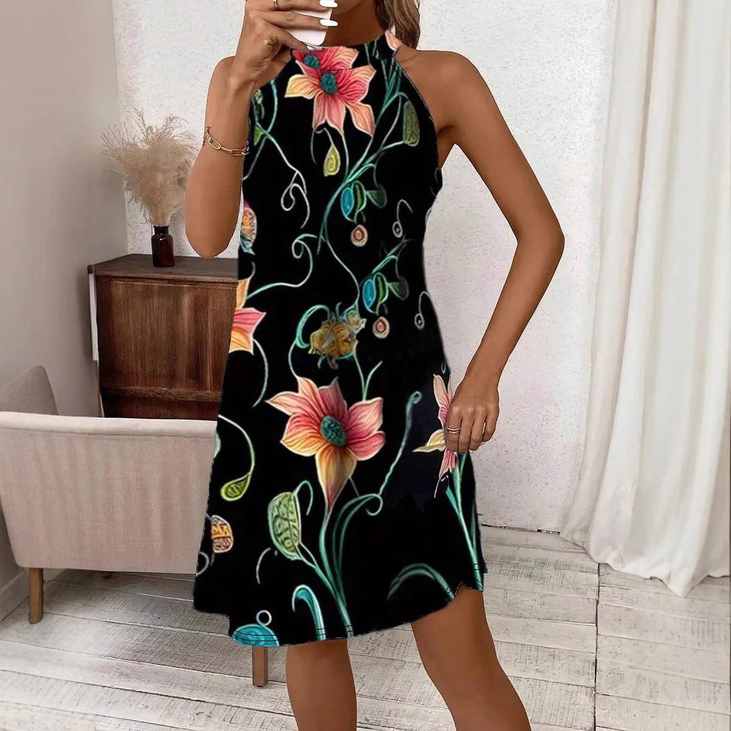 Women s Plus Size Dress Sleeveless Round Necklace Printed Elegant Short Vest Dress S чёрный