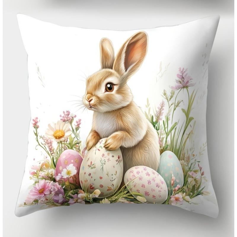 Easter Bunny Pillow Covers Decorate Polyester 100% Zipper Closure Printed Cushion Cases for Home & Office Decor Pillowcase