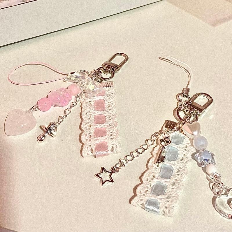 Dainty Lace Ribbon Keyring Cute Heart Pendant Keychain Colorful Beaded Phone Lanyard Multi-Functional Bags Accessories