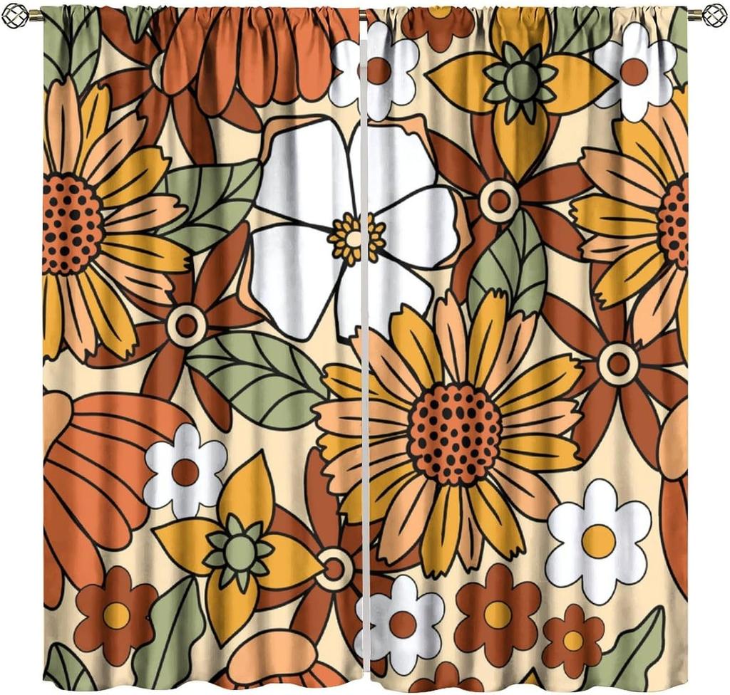 70S Flowers Curta Retro Colors Floral Groovy Vintage Colorful Blackout Window Drapes For Bedroom Living Room Kitchen Cafe