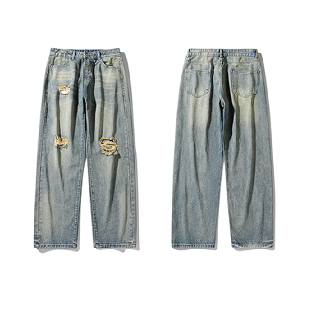 TIDEWORD Denim Pants, Distressed Jeans, Wide-Leg Pants, Baggy Pants, Loose Fit, Plus Sizes, Spring, Summer, Fall, Winter (PSNZK01-Light Blue, 3XL)