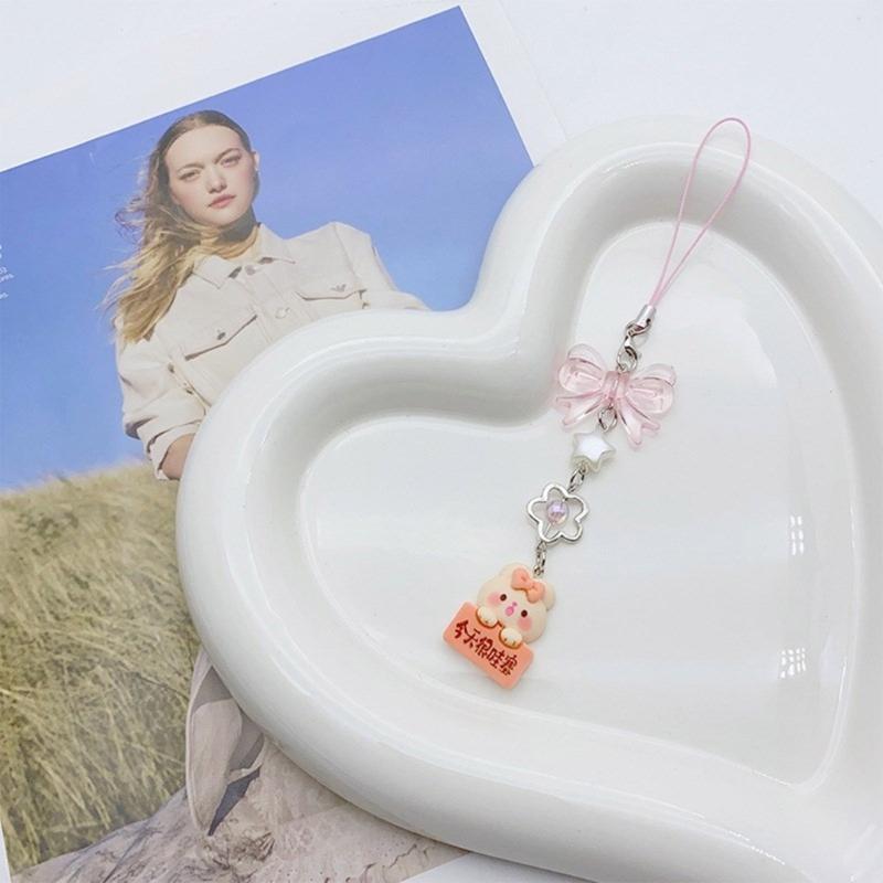 Bowknot Heart Pendant Cellphone Strap Phone Chain Detachable Beaded Phone Lanyard Handmade Keychains for Wallet Bag