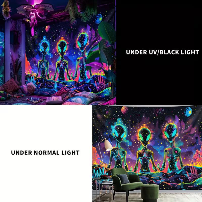 2D Trippy Alien UV Glow Tapestry, Blacklight Galaxy Wall Art for Home Decoration