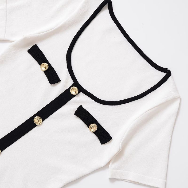 Kaslead New Women clothes Western Style Fashion Slim fit Contrast Color Decorative Layer round Neck Short sleeve T-shirt 5644136