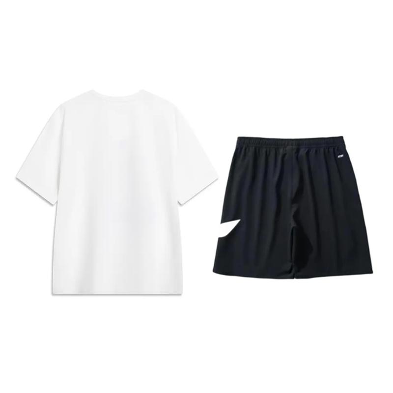 Li-Ning Cartoon Logo Print Round Neck Short Sleeve T-Shirt Fashion Versatile Comfortable Trendy Shorts Casual Sports Suit AHSU805-2+YKSV197-2