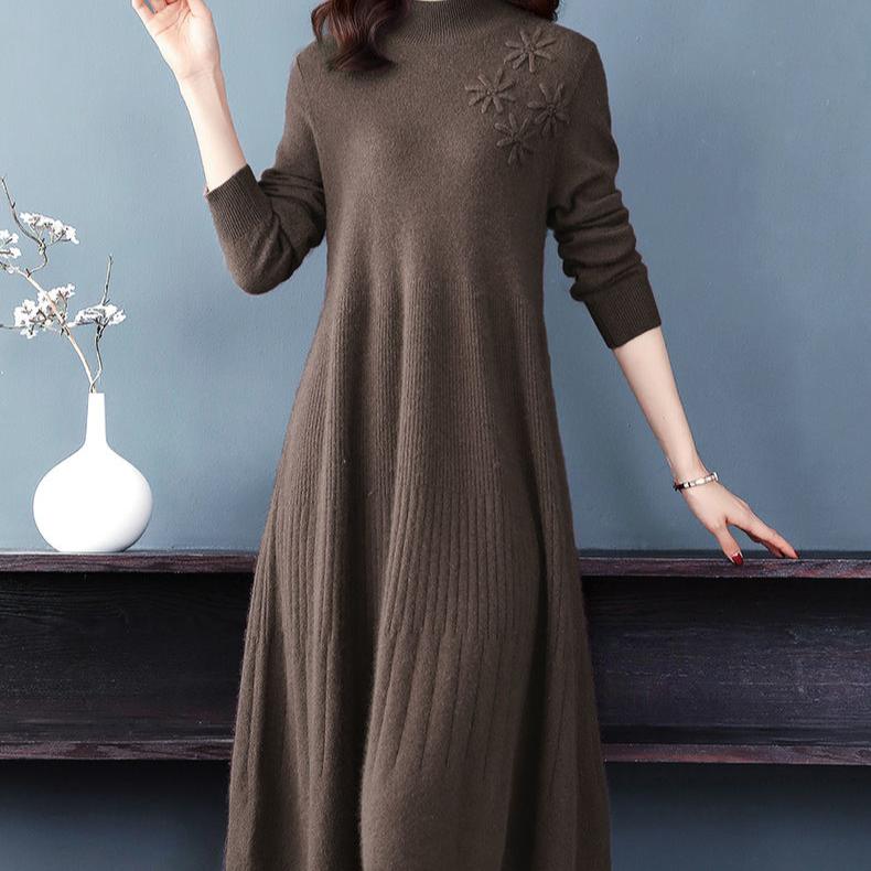 Mid-length Knitted Dress for Women Autumn and Winter Fashionable Embroidered Sweater Dress Solid Color Half Turtleneck Pullover