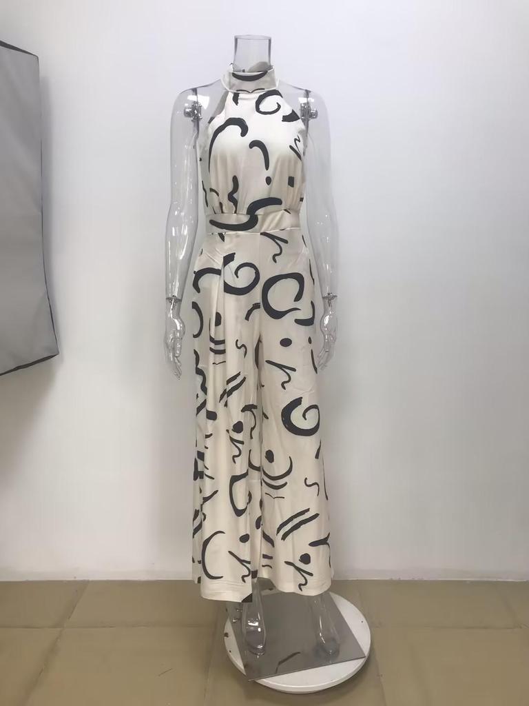 European and American Fashion: New Style Sexy Print Round Neck Women's Jumpsuit