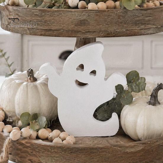 Modern Farmhouse Halloween Accents Cute Ghost Wooden Table Sign, Spooky White Standing Handmade Craft Block Sign for Holiday Tiered Tray Centerpiece,