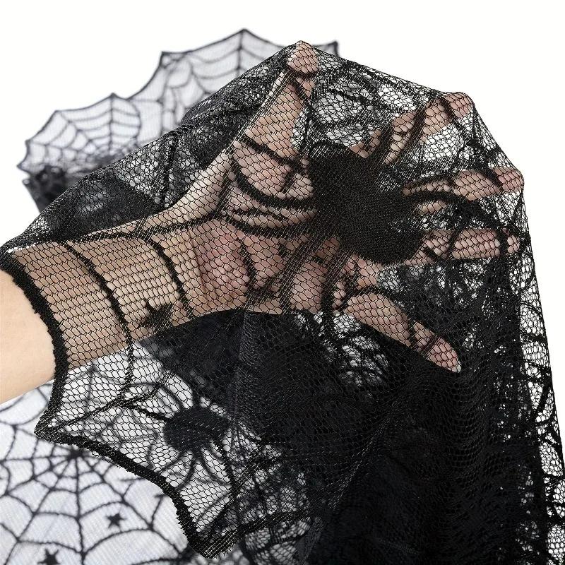 Halloween Spiderweb Tablecloth Black Lace Cobweb Decor with Spiders Ideal for Fireplace Mantle Kitchen & Party Table Decorations