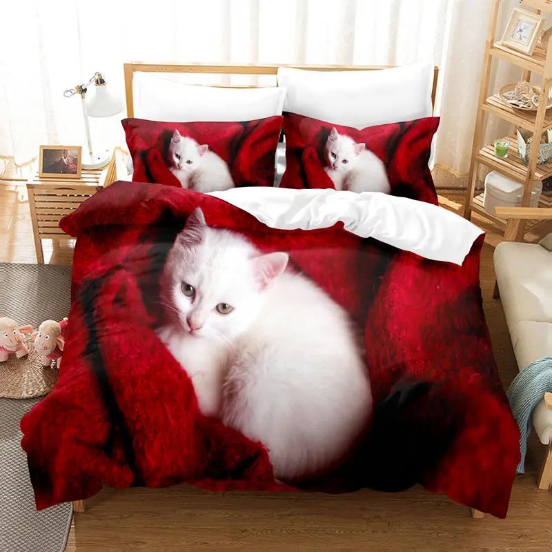 Cat Duvet Cover Set Cute Kitty Theme Bedding Set for Kids Girls 2/3pcs Single Double Queen King Size Comforter Cover Bedclothes