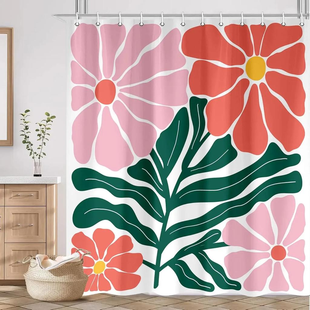 Vintage Flower Abstract Shower Curtain Cute Color Flower Plant Simple Style Fabric Bathroom Decorative Shower Curtain