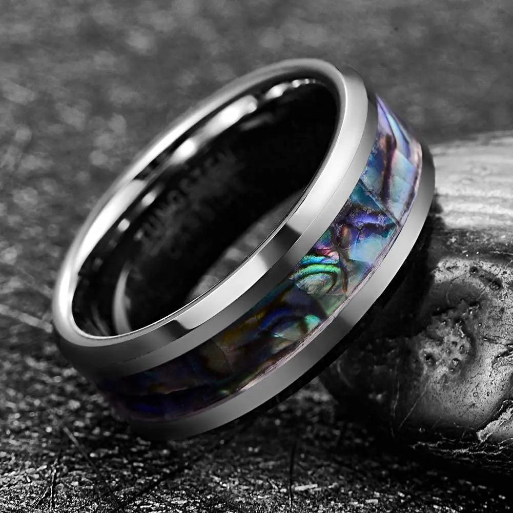 Fashion 8mm Men Silver Color Stainless Steel Rings Inlay Rainbow Abalone Shell Rings For Men Women Wedding Band  Gifts