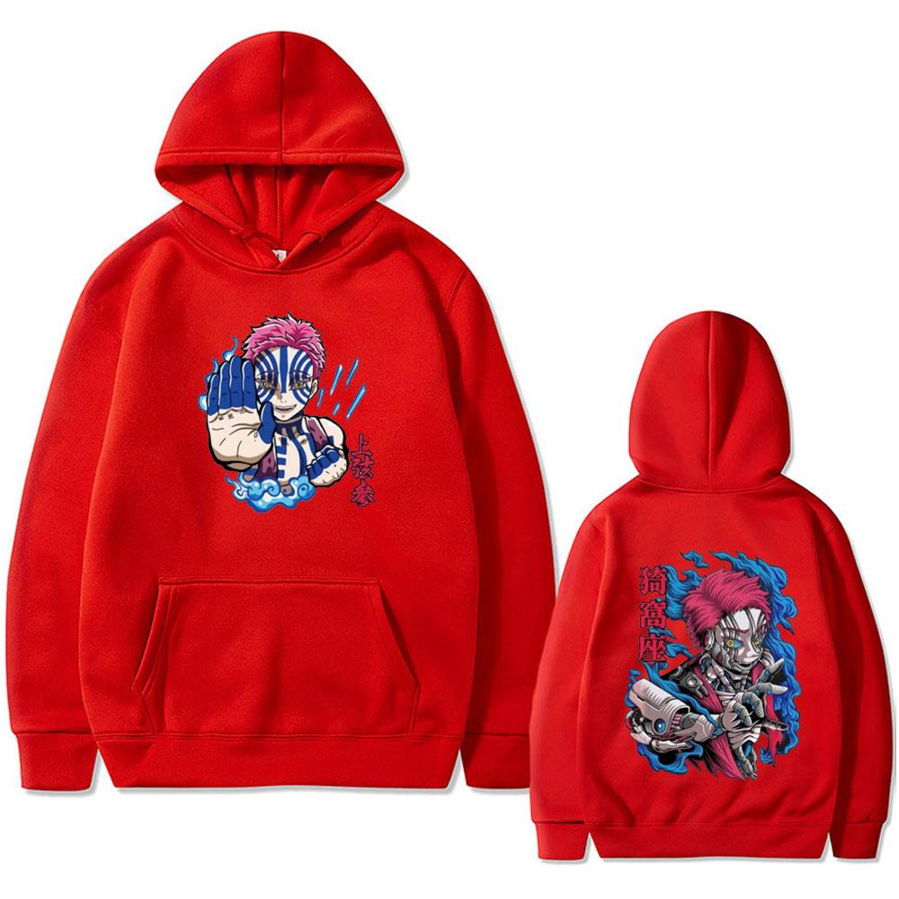 Anime Demon Slayer Akaza Double Sided Print Hoodie Men Women Clothing Cartoon Oversized Pullover Fleece Sweatshirt