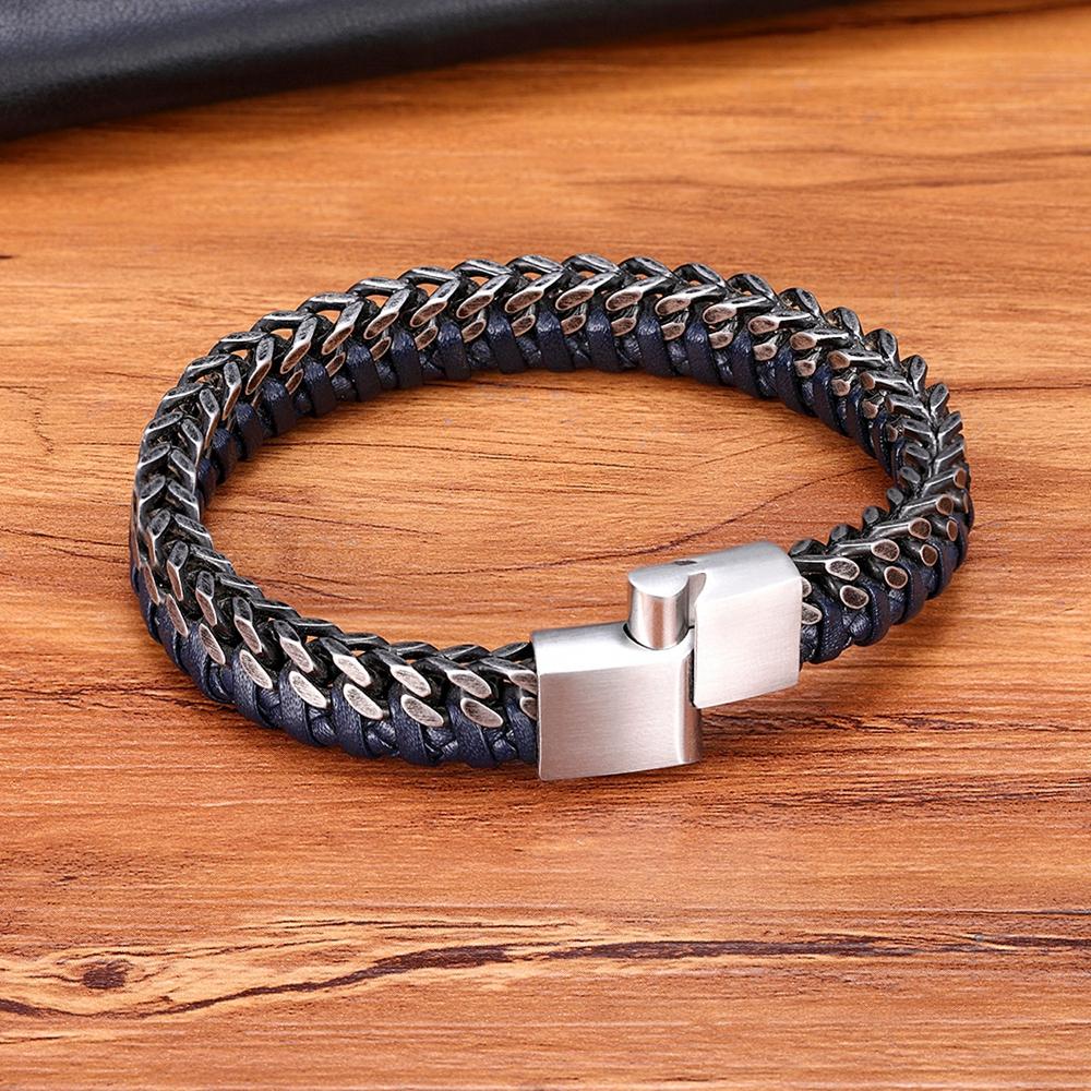Luxury Vintage Handmade Leather Braid Men Bracelet Stainless Steel Buckle Business Men's Bangles for Friend Partner Lovers