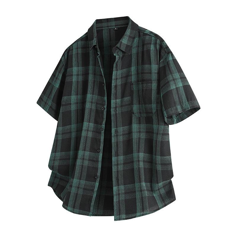 

Lapel plaid shirt teenagers trendy casual cardigan short-sleeved shirt men s summer 2XL зелений