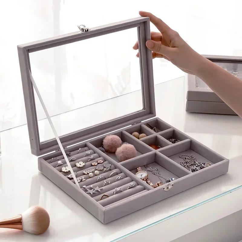 Velvet Gray Carrying Case with Interval Cover Jewelry Ring Display Box Tray Holder Storage Box Organizer Earrings Ring Bracelet