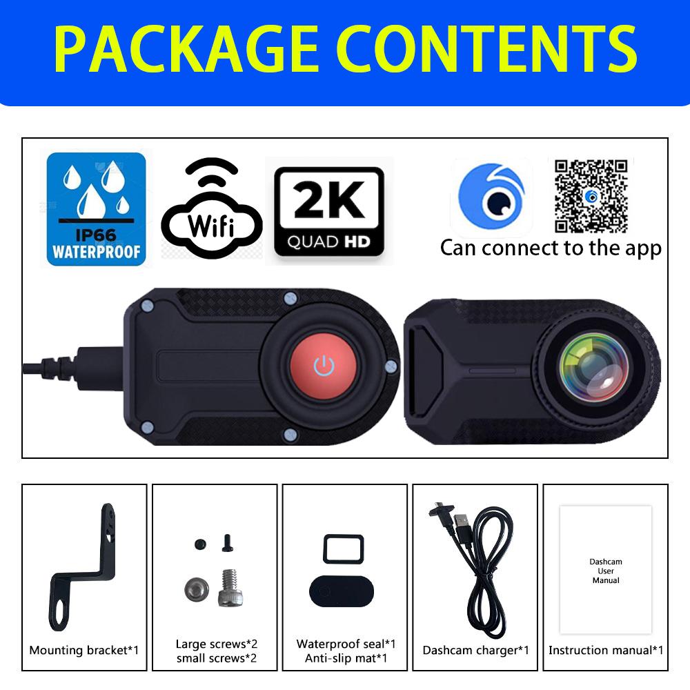 

2K HD WiFi Motorcycle DVR Waterproof IP66 Dash Cam 170 Degree Wide Angle Loop Recording HD Video Camera WiFi Dashcam