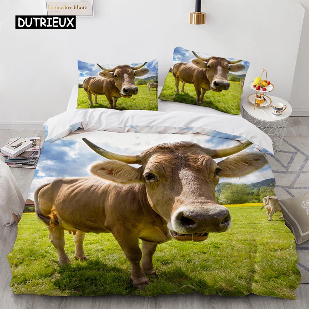 Highland Cattle Duvet Cover Set Funny Farm Animal Comforter Cover for Kids Boy Cow Mountain Meadow Queen Size 2/3pcs Quilt Cover