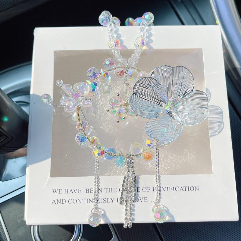 Women S Crystal Flower Car Rearview Mirror Pendant Car Decoration