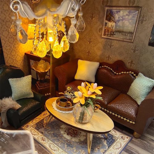 Blue Giraffe Miniature Dollhouse Kit, 3-Story Retro Villa, DIY Wooden Dollhouse, Perfect for Passing Time, Diorama Kit, Includes LED Light and Dust Co